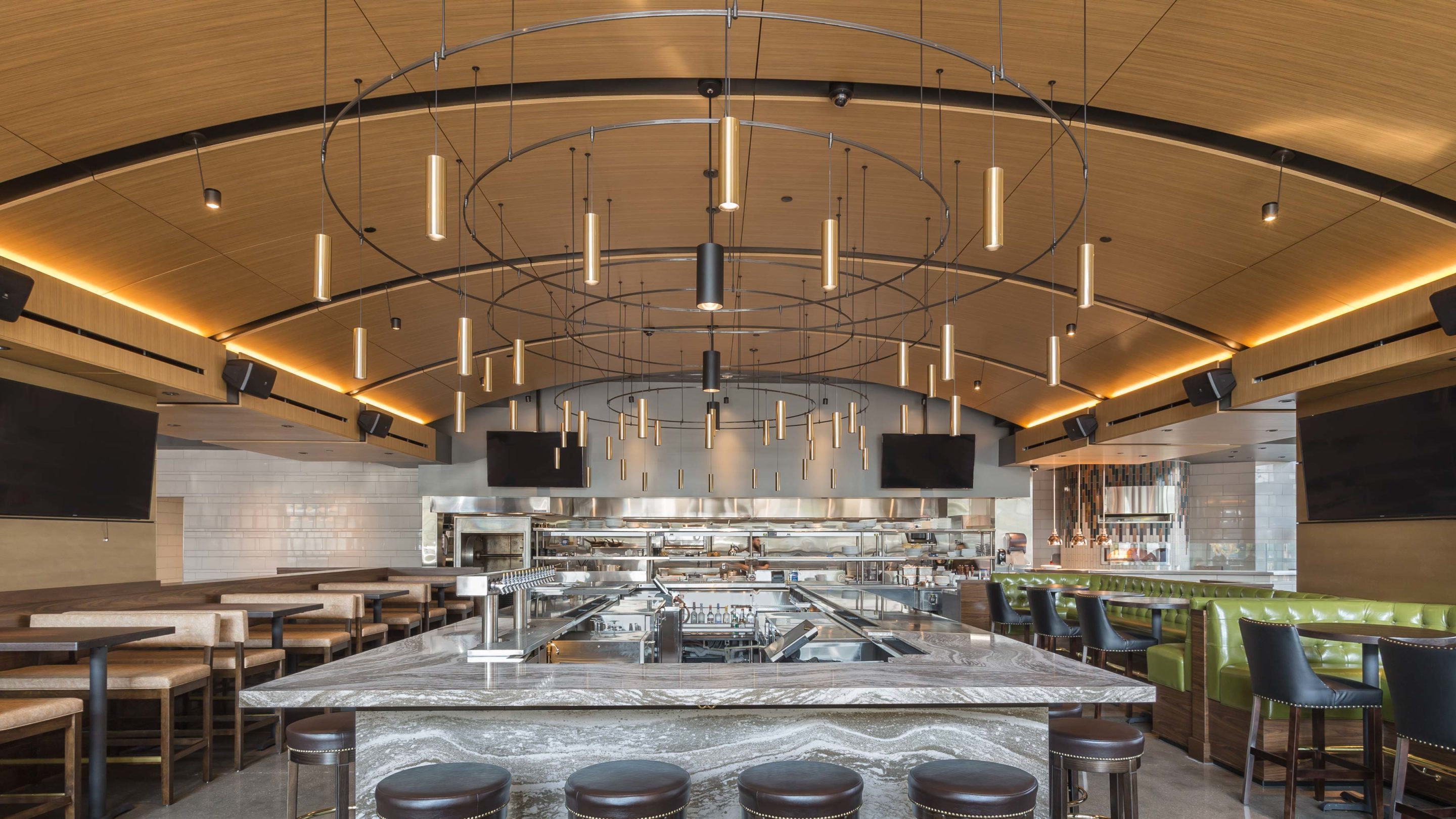 Hazelwood Food + Drink features SoundPly's Curved Acoustic Ceiling Panels.