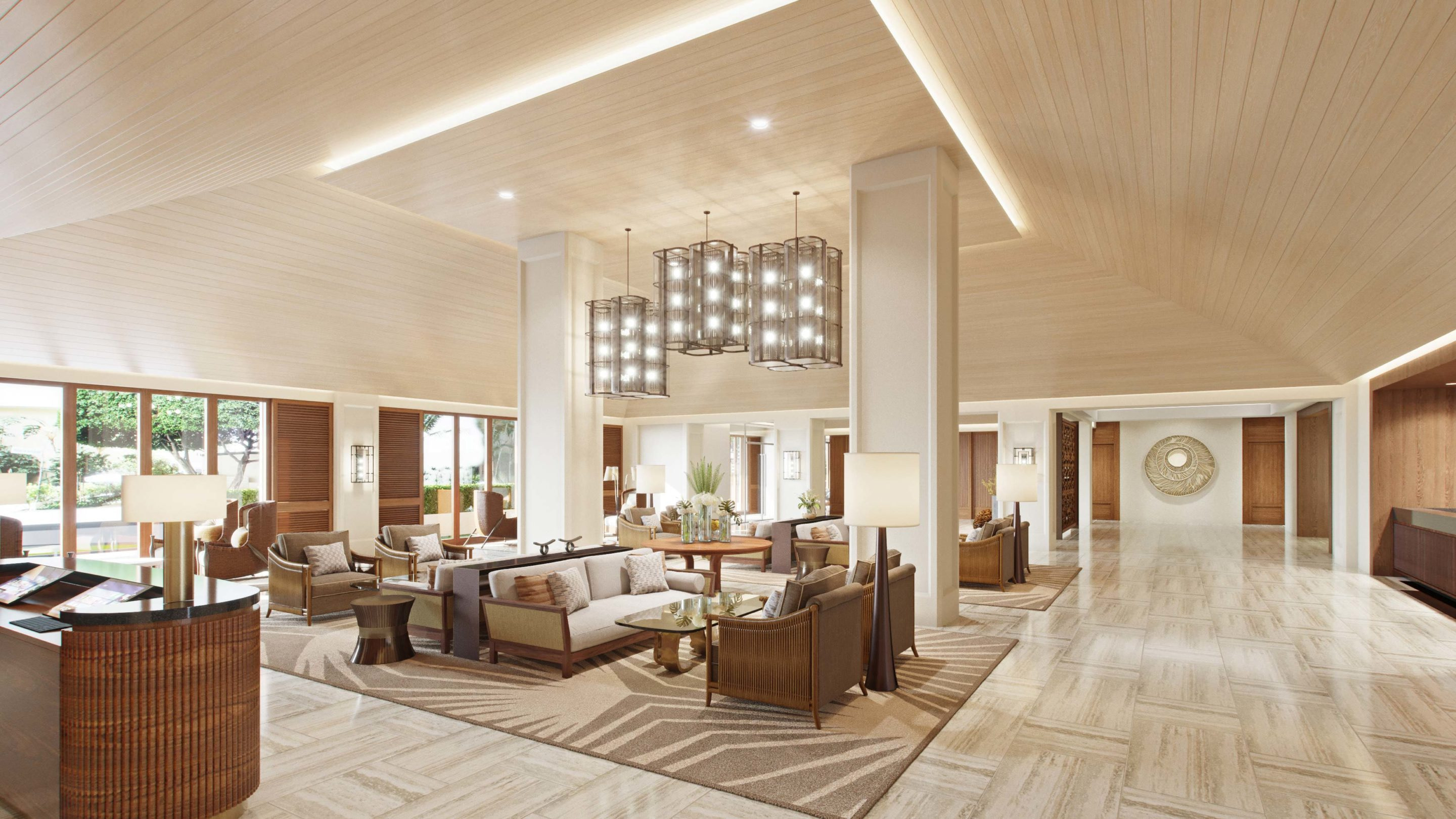 A large bright entryway featuring an acoustic wood plank ceiling.